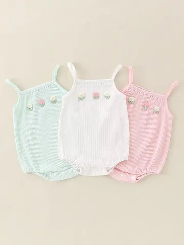Summer Baby Sleeveless Romper Ribbed Cotton Floral Embroidery Strap Jumpsuit For Newborn Infant Jumpsuit Baby Wear