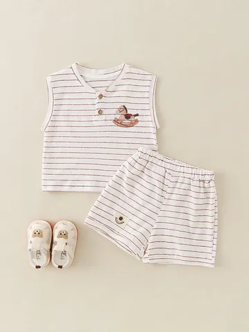 Baby Toddler Cotton Striped Short Sleeve Top And Shorts Outfit Class A Breathable Summer Casual Clothing For Boys Girls