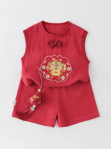 Baby Toddler Traditional Chinese Style Muslin Cotton Summer Set Sleeveless Top Shorts Dragon Embroidery Festival Outfit Red