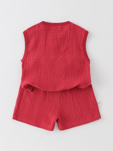 Baby Toddler Traditional Chinese Style Muslin Cotton Summer Set Sleeveless Top Shorts Dragon Embroidery Festival Outfit Red