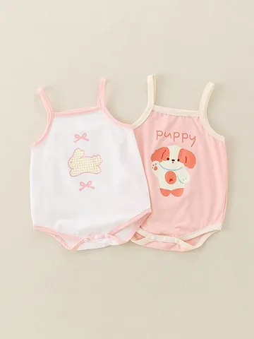Baby Meisjes Katoenen Camisole Bodysuit Zomer Mouwloze Driehoek Romper Cartoon Konijn Puppy Print Jumpsuit Babykleding
