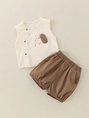 Baby Boy Summer Cotton Clothing Set Cartoon Elephant Bear Dog Pattern Sleeveless Vest Short Sleeve Top And Shorts Infant Toddler Casual Outfit
