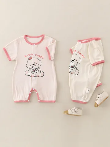Sommer Baby Rippstrick Baumwolle Strampler Kurzarm Cartoon Welpen Druck Säugling Body Weich Atmungsaktiv Neugeborenen Jumpsuit Rosa Beige