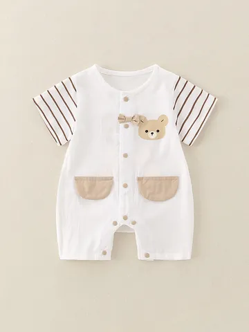 Baby Summer Short Sleeve Cotton Romper Striped Patchwork Cartoon Bear Jumpsuit For Infants Newborn Newborn Unisex Casual Clothing