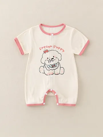 Sommer Baby Rippstrick Baumwolle Strampler Kurzarm Cartoon Welpen Druck Säugling Body Weich Atmungsaktiv Neugeborenen Jumpsuit Rosa Beige