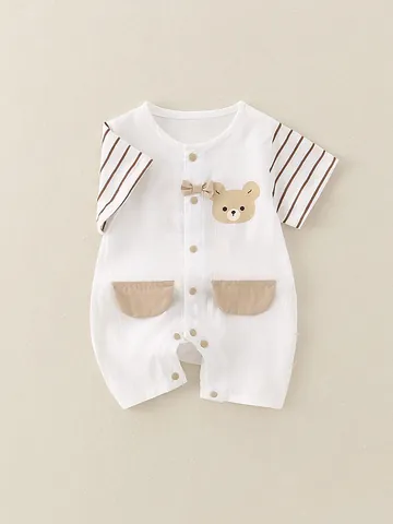 Baby Summer Short Sleeve Cotton Romper Striped Patchwork Cartoon Bear Jumpsuit For Infants Newborn Newborn Unisex Casual Clothing