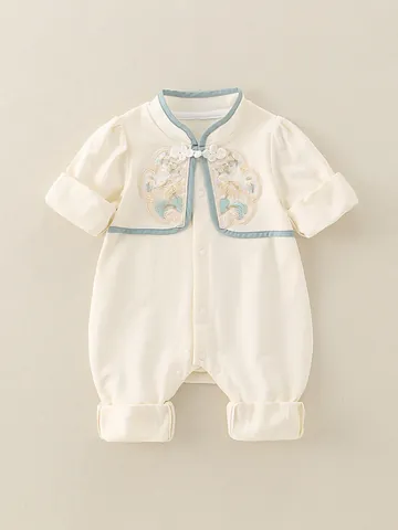 Baby Chinese Style Cotton Romper Long Sleeve Floral Embroidery Frog Button Traditional Infant Autumn Jumpsuit For Kids
