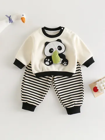 Cute Panda Patch 95 Cotton Infant Baby Boys Girls Clothing Set Striped Pants Casual Long Sleeve Two Piece Toddler Outfit