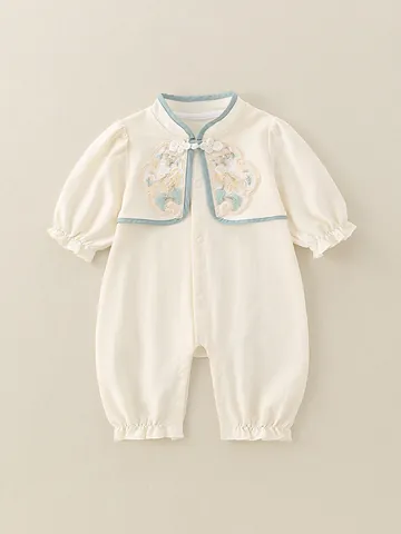 Baby Chinese Style Cotton Romper Long Sleeve Floral Embroidery Frog Button Traditional Infant Autumn Jumpsuit For Kids