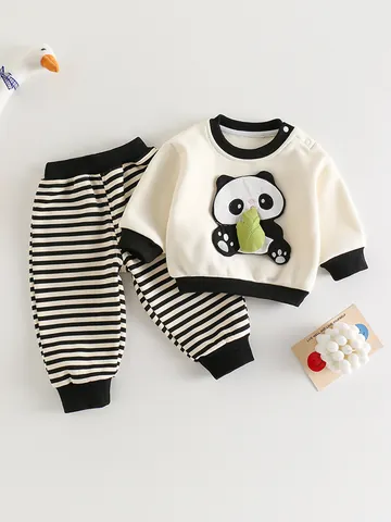 Cute Panda Patch 95 Cotton Infant Baby Boys Girls Clothing Set Striped Pants Casual Long Sleeve Two Piece Toddler Outfit