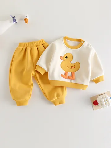 Ensemble Sweat-shirt et Pantalon à Manches Longues Motif Canard pour Bébé Coton Souple Tenue de Printemps Automne