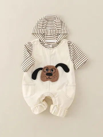 Set Abbigliamento Due Pezzi Neonato Top Con Cappuccio a Righe e Salopette Con Toppa Cane Cotone Autunno Casual