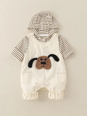 Set Abbigliamento Due Pezzi Neonato Top Con Cappuccio a Righe e Salopette Con Toppa Cane Cotone Autunno Casual