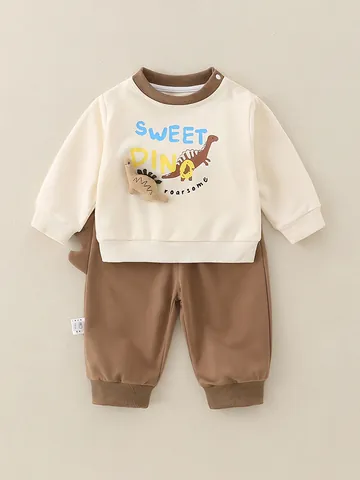 Toddler Boys 95% Cotton Long Sleeve Hoodie And Pants Set 2 Piece Cartoon Dinosaur Puppy Print Outfit For Spring Autumn