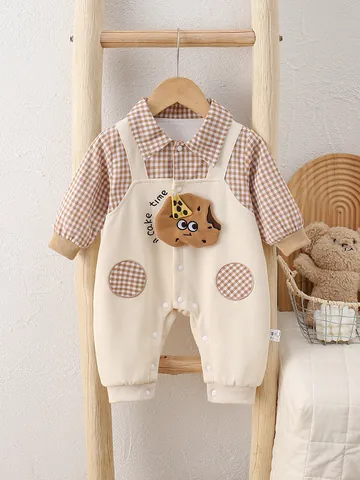 Baby Boys Cotton Gingham Long Sleeve Romper False Two-Piece Jumpsuit Spring Newborn Clothing Baby Jumpsuit Clothing