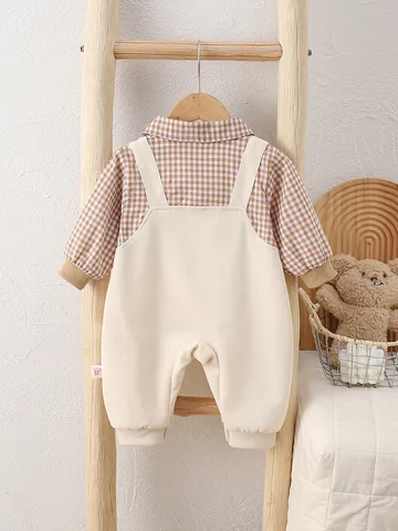 Baby Boys Cotton Gingham Long Sleeve Romper False Two-Piece Jumpsuit Spring Newborn Clothing Baby Jumpsuit Clothing