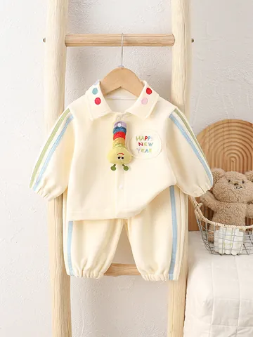 Toddler Baby Outfit Set Polo Collar Long Sleeve Sweatshirt Pants Happy New Year 3D Caterpillar Doll Embroidery Cotton Clothes