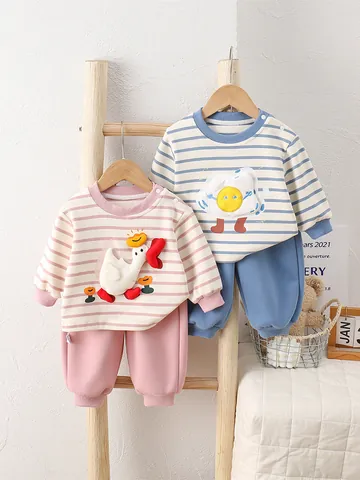 Baby Peuter Katoen Lange Mouw Gestreepte Kleding Set Cartoon Eend Spiegelei Applique Top En Broek