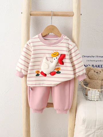 Baby Peuter Katoen Lange Mouw Gestreepte Kleding Set Cartoon Eend Spiegelei Applique Top En Broek