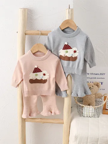 Baby Mädchen Strickpullover Hose Set Langarm Cupcake Stickerei Rüschen Schlaghose Effektgarn Outfits