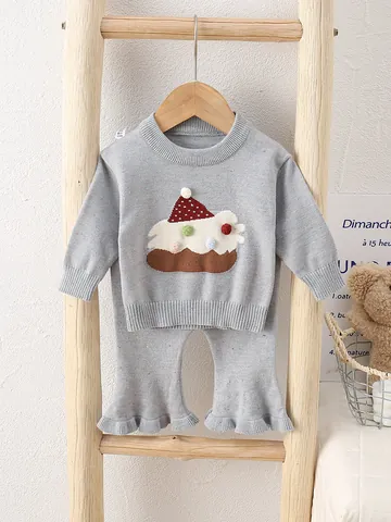 Baby Mädchen Strickpullover Hose Set Langarm Cupcake Stickerei Rüschen Schlaghose Effektgarn Outfits