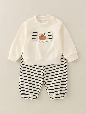 Ensemble 2 Pièces en Coton pour Garçons Sweat-Shirt et Pantalon Décontracté Manches Longues Imprimé Chien Lettres Rayé Tenue Printemps Automne