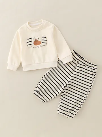Ensemble 2 Pièces en Coton pour Garçons Sweat-Shirt et Pantalon Décontracté Manches Longues Imprimé Chien Lettres Rayé Tenue Printemps Automne