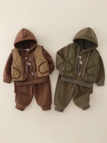 Abbigliamento Casual da Ragazzo in Misto Cotone Con Gilet Trapuntato Felpa Con Cappuccio E Pantaloni Tenuta Calda Autunno Inverno per Bambini