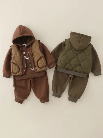 Abbigliamento Casual da Ragazzo in Misto Cotone Con Gilet Trapuntato Felpa Con Cappuccio E Pantaloni Tenuta Calda Autunno Inverno per Bambini