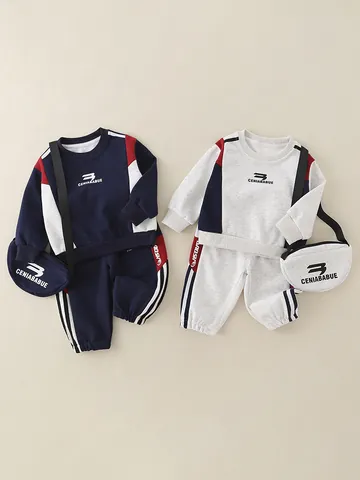 Boys Casual Tracksuit Color Block Long Sleeve Pullover Sweatshirt And Jogger Pants With Matching Bag Cotton Blend Kids Outfits