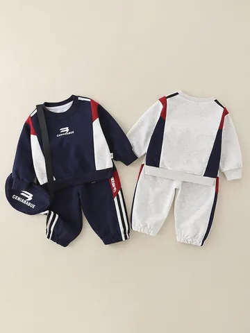 Boys Casual Tracksuit Color Block Long Sleeve Pullover Sweatshirt And Jogger Pants With Matching Bag Cotton Blend Kids Outfits