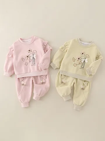 Peuter Meisjes Bloemen Sweatshirt En Broek Katoen Lange Mouw Ruffles Outfit Voor Lente Herfst Casual Zoete Kleding