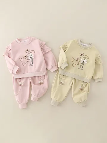 Peuter Meisjes Bloemen Sweatshirt En Broek Katoen Lange Mouw Ruffles Outfit Voor Lente Herfst Casual Zoete Kleding