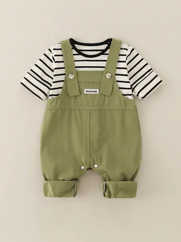Baby Jungen Baumwolle Gestreift Langarm T-Shirt Und Grüne Latzhose Set Casual Säuglings Outfits Für Herbst Frühling Kleinkind Kleidung