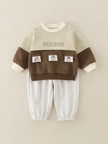 Baby Boys Cute Cartoon Dog Sweatshirt And Pants Set Breathable Cotton Blend Long Sleeve Patchwork Outfit For Infant Toddler
