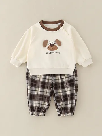 Simpatico Set da 2 Pezzi per Neonato Maschio Felpa Cane Cartoni Animati e Pantaloni a Quadri Morbido Classe A Autunno
