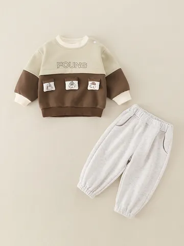 Baby Boys Cute Cartoon Dog Sweatshirt And Pants Set Breathable Cotton Blend Long Sleeve Patchwork Outfit For Infant Toddler
