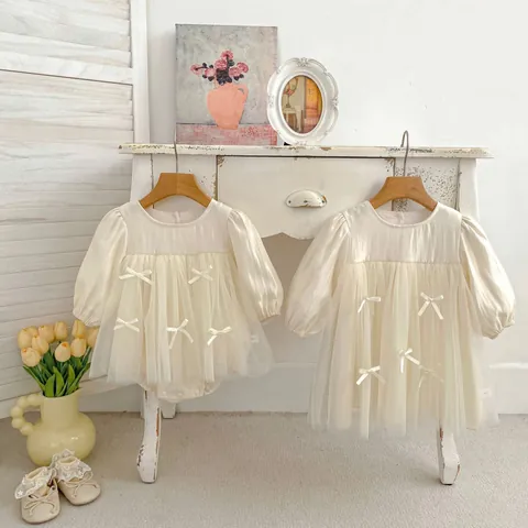 Long Sleeve Baby Girl Princess Mesh Dress Cream Beige Bowknot Tulle Party Birthday Wedding Romper Dress For Toddlers