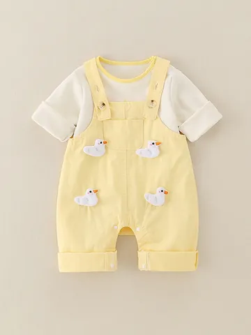 Baby Girl Cute Cartoon Duck Bib Overalls Cotton Long Sleeve Shirt And Suspender Pants Spring Autumn Breathable Outfit