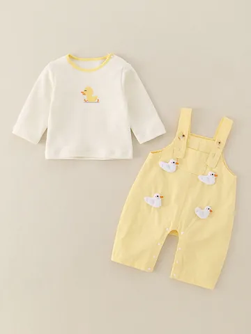 Baby Girl Cute Cartoon Duck Bib Overalls Cotton Long Sleeve Shirt And Suspender Pants Spring Autumn Breathable Outfit