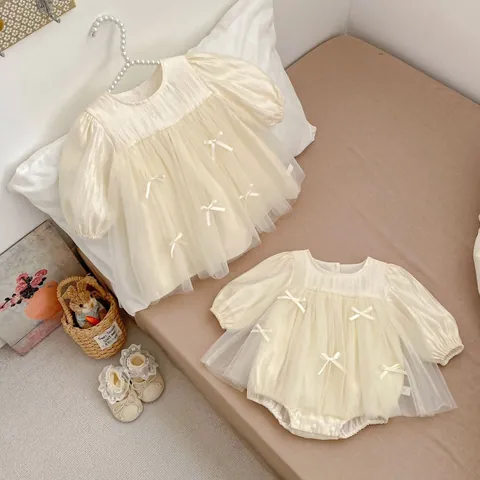 Long Sleeve Baby Girl Princess Mesh Dress Cream Beige Bowknot Tulle Party Birthday Wedding Romper Dress For Toddlers