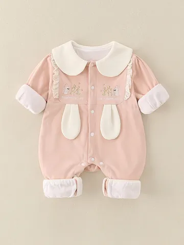 Baby Mädchen Rosa Baumwolle Strampler Peter-Pan-Kragen Langarm Jumpsuit Mit Hasen Stickerei Spitze Trim Säugling Herbst Outfit