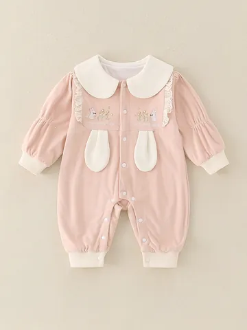 Baby Mädchen Rosa Baumwolle Strampler Peter-Pan-Kragen Langarm Jumpsuit Mit Hasen Stickerei Spitze Trim Säugling Herbst Outfit