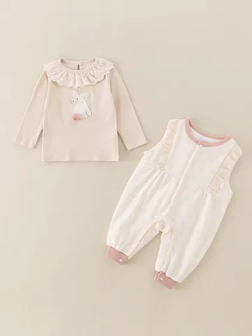Baby Girl Cute Rabbit Overall Set Cotton Long Sleeve Lace Ruffle Top And Suspender Pants Romper Spring Autumn Outfit