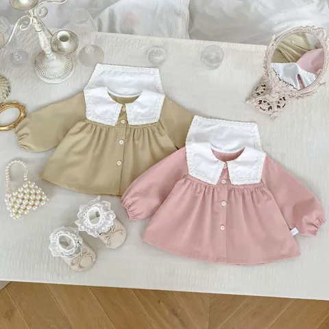 Toddler Girls Academy Style Lace Peter Pan Collar Cotton Long Sleeve Shirt Casual Blouse Tops