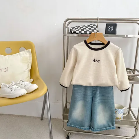 Boys Waffle Knit Long Sleeve Top With ABC Embroidery And Denim Wide Leg Pants Casual Cotton Blend Spring Clothing Set For Kids
