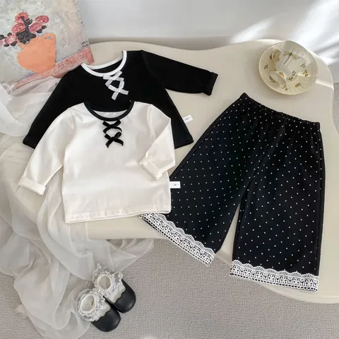 Girls Polka Dot Wide Leg Pants And Bow Top Cotton Casual Toddler Baby Spring Autumn Clothing Lace Trim Trousers Top
