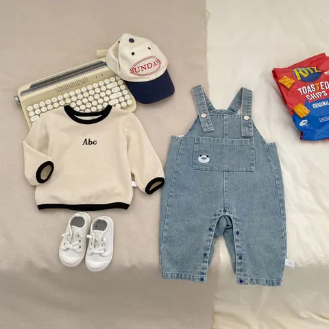 Baby Boy Spring Clothing Set Long Sleeve Waffle Knit Top And Denim Panda Embroidered Overalls Pants Casual Two Piece Outfit