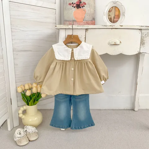 Toddler Girls Academy Style Lace Peter Pan Collar Cotton Long Sleeve Shirt Casual Blouse Tops