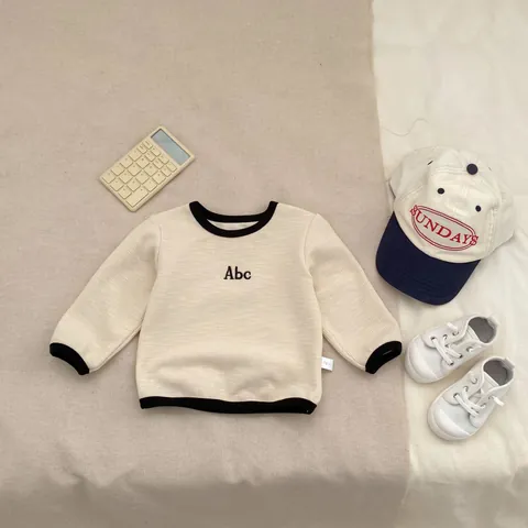 Boys Waffle Knit Long Sleeve Top With ABC Embroidery And Denim Wide Leg Pants Casual Cotton Blend Spring Clothing Set For Kids